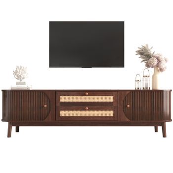 Mueble De Tv De Ratán 170 Cm Con Puertas Correderas Y Cajones, Madera Maciza Y Mdf, Color Nogal Y Amarillo Claro