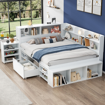 Cama Infantil 140x190 Cm Con Cajones Y Estantes, Gran Espacio De Almacenamiento, Somier De Lamas, Blanco.