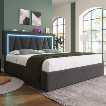 Sweiko Cama Tapizada Doble 160x200 Cm Lino Led Usb Tipo C Iluminación Almacenamiento Somier Láminas