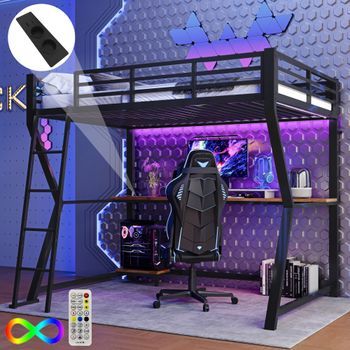 Cama Alta 90x200 Cm Con Escritorio, Enchufe + Usb Y Estanterías - Iluminación Ambiental - Metal - Negro (sin Colchón)