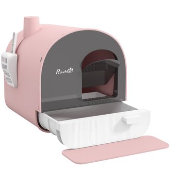 PawHut Arenero para Gatos Caja de Arena Cerrada para Gatos con Bandeja Extraíble Pala y Filtro 43x44x47 cm Rosa   Aosom España