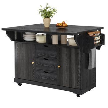 Isla De Cocina，móvil Mdf + Metal, Encimera Plegable, Altura 95 Cm, 3 Cajones, Armario Almacenaje, Ruedas Con Freno，color Negro