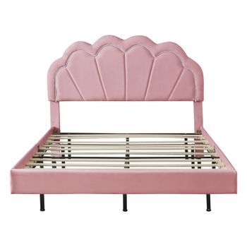 Cama Tapizada 140 X 200 Cm, Con Banco Retráctil, Tela De Terciopelo Rosa