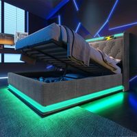 cama tapizada doble led 360 control por botonapptelefono cabecera tapizada usb-c almacenamiento hidraulico lino gris 140x190 cm