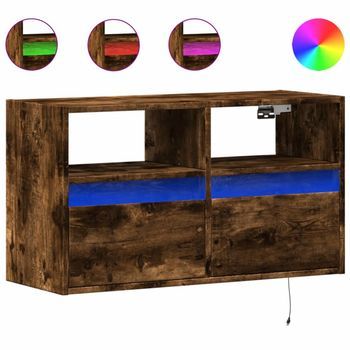 Mueble De Tv | Mueble De Salón | Gabinete De Tv De Pared Con Luces Led Roble Ahumado 80x31x45 Cm