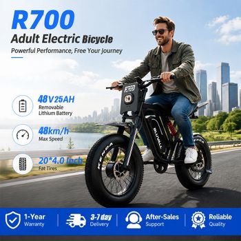 Bicicleta eléctrica para adultos BLUVALL R700 con un solo motor, par máximo de 100 N·m, batería extraíble de 48 V y 25 Ah, autonomía de 50 a 70 km, neumáticos anchos de 20