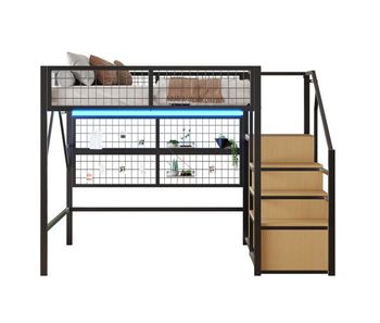 Cama alta metálica 140*200 - con luz led controlada por app, escaleras con almacenamiento y armario abierto - negro
