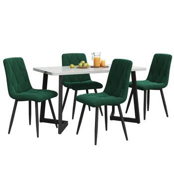 Conjunto De Comedor Moderno, Mesa De Comedor Rectangular 117x68cm, Juego De Comedor Con 4 Sillas, Mdf Efecto Mármol Y Terciopelo, Blanco Y Verde Oscuro
