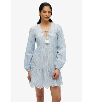 Superdry para mujer. W8011914A Minivestido escalonado con bordado azul (L), Casual, Algodón, Manga larga