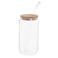 taza para llevar y pajita de vidrio transparente con tapa de bambu