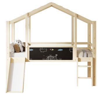 Cama Infantil 90x200 Cm - Diseño Ático Con Escalera Y Tobogán, Pizarra De Graffiti, Cama Multifuncional, Color Madera
