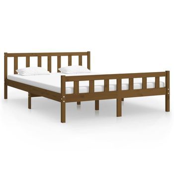 Cama Matrimonial | Cama Para Adultos | Estructura Cama Madera Maciza Marrón Miel King Size 150x200 Cm