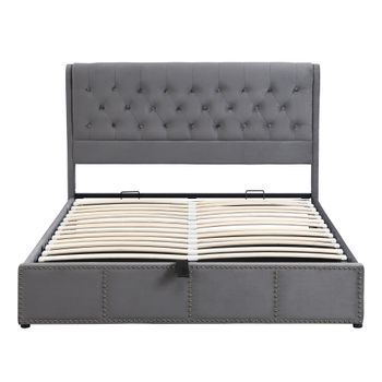 Cama Tapizada De Terciopelo Gris 160x200 Cm Con Almacenaje Hidráulico