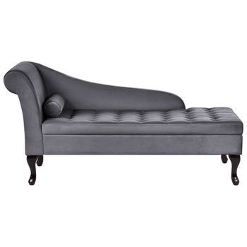 Chaise Longue Tapizado En Terciopelo Gris Oscuro Con Cojín Decorativo Y Espacio De Almacenaje Izquierdo Moderno Pessac - Gris