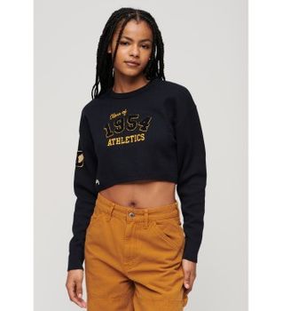 Superdry para mujer. W6110537A Jersey corto de cuello redondo Varsity marino (M), Casual, Manga larga, Algodón Orgánico, Sostenible
