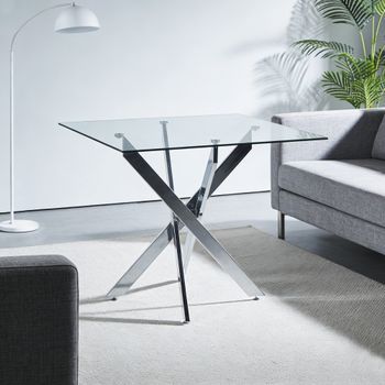Sweiko Mesa Comedor 80x80x75 Cm Con Patas Cruzadas Metal Cromado Y Vidrio Templado, Diseño Moderno Ahorro Espacio