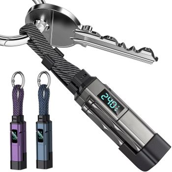 4 en 1 65W+27W Cable de carga con llavero con pantalla V/A/W USB-A/Type-C a Type-C/ iP Soporta QC3.0 SCP Carga rápida Tr