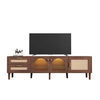 mueble de tv led de 180 cm - con 2 cajones de ratan 2 puertas de cristal curvado y 1 puerta de ratan - marron