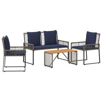 Juego De Muebles De Exterior Con Cojín 9 Piezas | Mobiliario De Jardín Gris Y Azul Marino