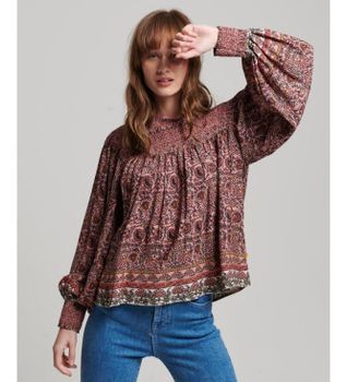 Superdry para mujer. W6011676A Camiseta tejida estampada fruncida burdeos (L), Casual, Viscosa, Manga larga