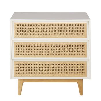 Cómoda blanca de 3 cajones con rejilla de ratán 80 cm