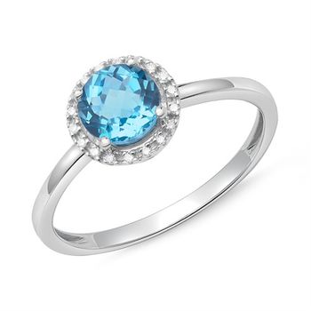 Anillo halo oro blanco 14 quilates 18 diamantes topacio azul