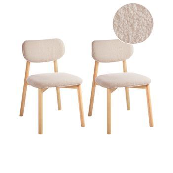Conjunto De 2 Sillas De Comedor Estructura De Madera De Caucho Asiento Y Respaldo Acolchado De Bouclé Comedor Cocina Marrón Claro Y Beige Claro Mills