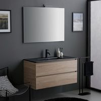 mueble de bano suspendido 100 cm roble con lavabo negro mate y espejo led  berlin