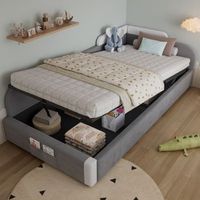 cama individual para nino con acolchado hidraulico y almacenamiento barrera elevada bolsillo de almacenamiento terciopelo gris 90x200cm