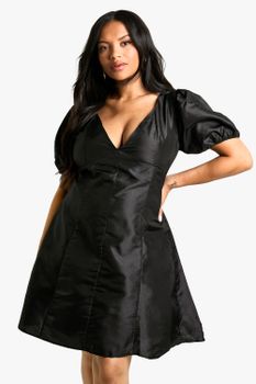 Vestido Plus Skater De Tela Plisado Con Mangas Abullonadas, Negro