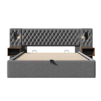 cama polsterbett 160x200 - cama hidraulica con almacenamiento 2 mesitas luz led gris