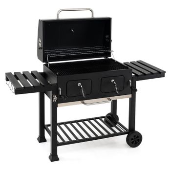 Costway Barbacoa de Carbón Portátil con Tapa 2 Mesitas Plegables Ventilación Ajustable Funda Termómetro Ruedas Estante Inferior 8 Ganchos Mangos Bandejas