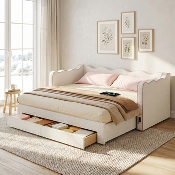 Cama Canapé Acolchada, 2 Cajones De Almacenamiento, Extensible 90x200-180 Cm, Usb, Boucle Beige