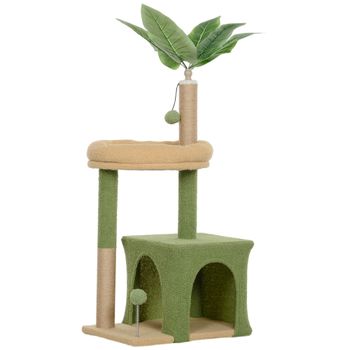PawHut Árbol Rascador para Gatos 98 cm con Hojas Artificiales Cueva Cama Postes Rascadores 2 Bolas Cubierto Terciopelo Verde
