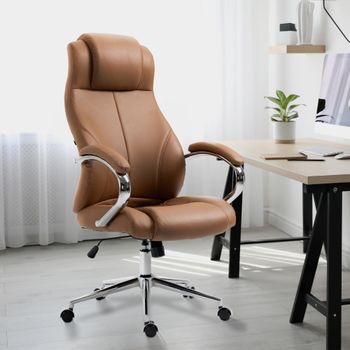 Silla de oficina giratoria regulable en cuero auténtico marrón claro