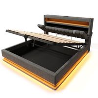 cama tapizada 160x200 cm - cama doble - cabecero con puertos usb y tipo-c - iluminacion led - con almacenamiento - gris - sin colchon