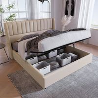 cama de almacenamiento tapizada hidraulica doble 180x200 cm con somier de listones de madera y marco metalico lino beige
