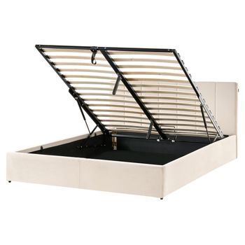 Cama Con Somier De Terciopelo Beige Claro 160 X 200 Cm Cabecero Abatible Espacio De Almacenaje Dreux