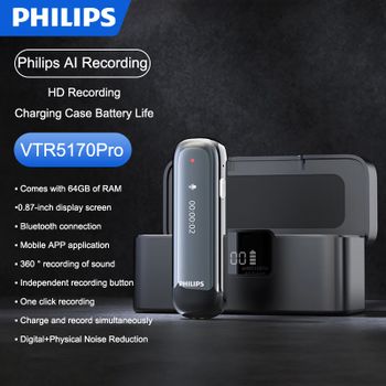 Grabadora de Voz Philips VTR5170Pro de 64 GB, Mini Grabadora Bluetooth con Reducción de Ruido HD, Grabación de Reuniones, Entrevistas, Grabación con una Sola Tecla