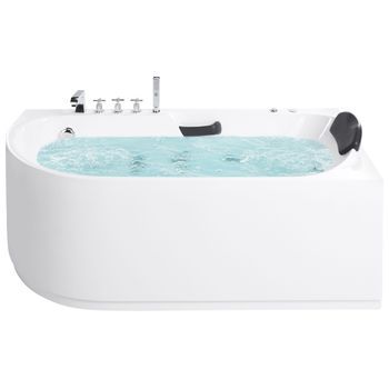 Bañera De Hidromasaje Esquinera Izquierda Acrílica Accesorios De Acero Inoxidable Plateado Reposacabezas 170 X 80 Cm Blanca Sayula