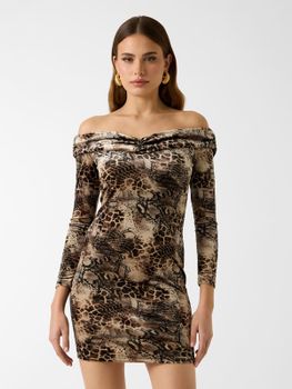 Vestido Estampado Animal Con Hombros Descubiertos