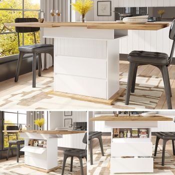 Mesa De Comedor Extensible Con 1 Puerta, 2 Cajones - Mdf - Blanco + Natural