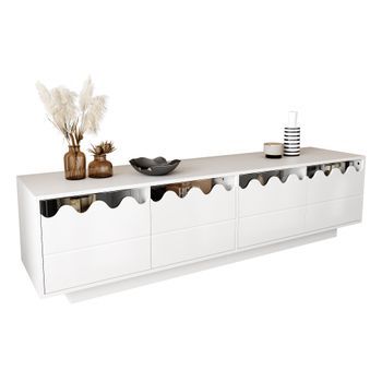 Mueble De Tv Blanco Con Diseño Ondulado, 170 Cm Y 4 Puertas