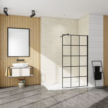 Aica Walkin Mampara Panel De Ducha Serigrafiada De Celosía Cuadrada Vidrio Antical 8mm Con Barra 140cm Perfil Negro Mate (108-110)x200cm