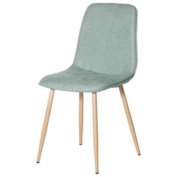 Silla tapizada color menta con patas de metal con efecto madera.