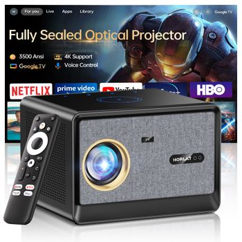 Proyector HORLAT 50000 Lúmenes con Google TV, Proyector Óptico Totalmente Sellado, 4K, Cine en Casa Inteligente, WiFi 6, Asistente de Voz
