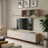 mueble salon tv bari 3 puertas y 2 cajones en color roble canadian y gris cachemir 47x200x40 cm