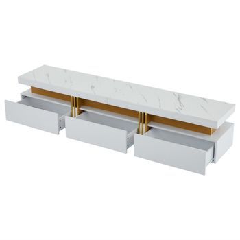 Mueble De Tv De 200 Cm Blanco, Efecto Mármol, 3 Cajones Y Pasacables