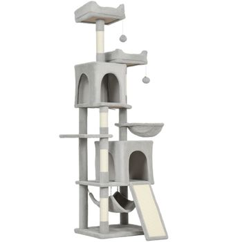 PawHut Árbol Rascador para Gatos con 2 Casitas, 2 Camas, Trespolo y 2 Pelotas, 48x40x177 cm, Gris Claro y Beige   Aosom España