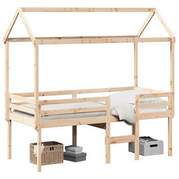 Cama Individual | Cama Para Adulto | Cama Alta Con Techo Madera Maciza De Pino 90x200 Cm